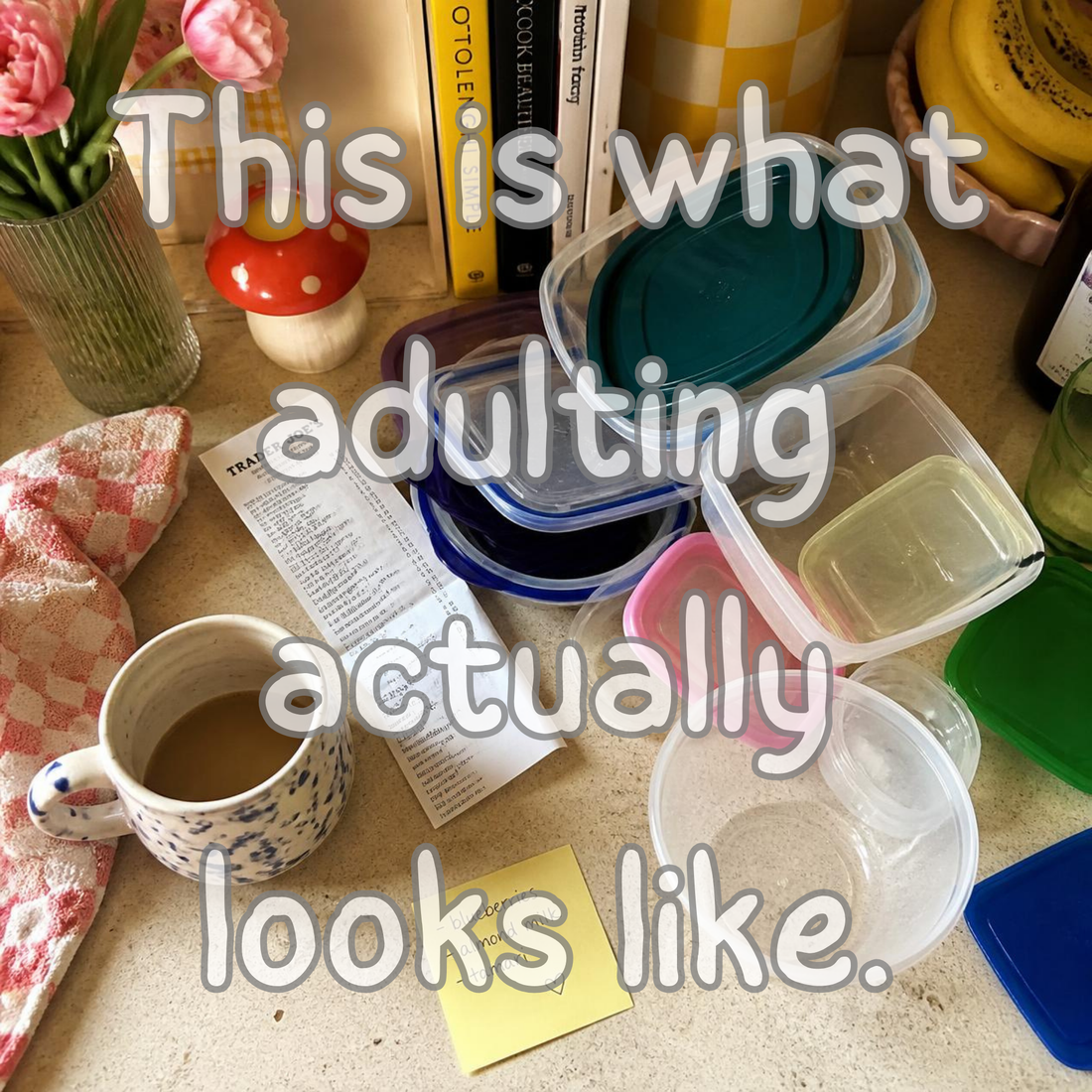 a flat-lay photo of a kitchen counter mid-chaos with warm lighting. With the words 'This is what adulting actually looks like.' across the full picture.