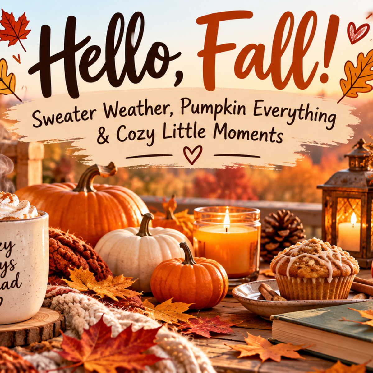 Cozy fall scene with pumpkins, autumn leaves, a warm mug, knitted blankets, and a glowing candle.