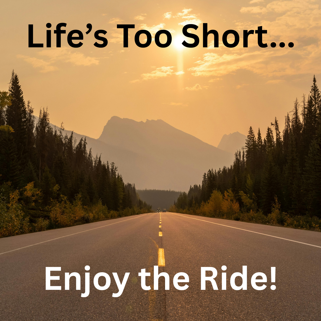 A long straight road stretches toward distant mountains under a warm golden sky, with tall evergreen trees lining both sides and text on the image that says “Life’s Too Short… Enjoy the Ride!”