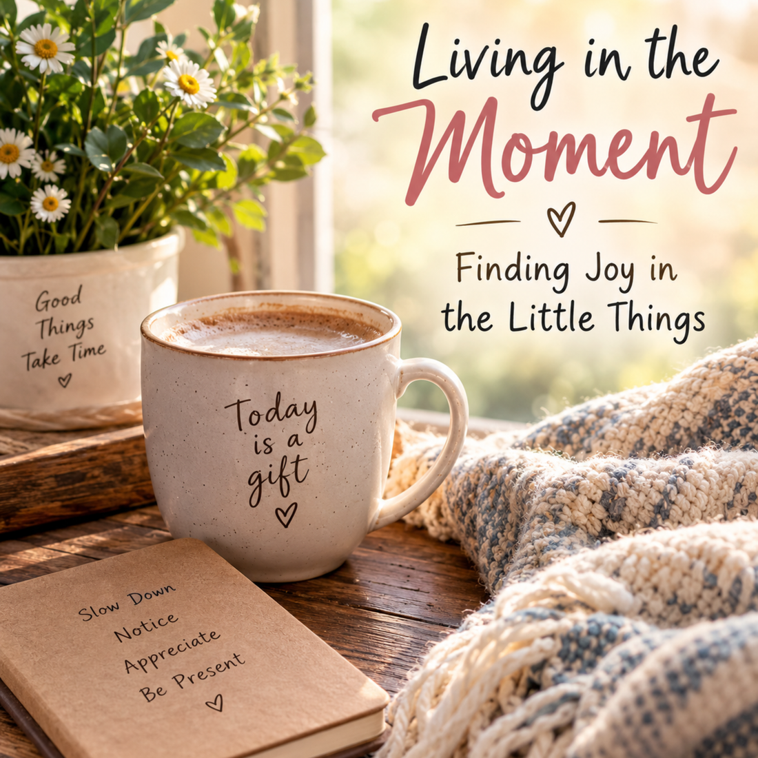 Cozy coffee mug, journal, flowers, and soft blanket with inspirational words about slowing down, appreciating the present, and finding joy in the little things.