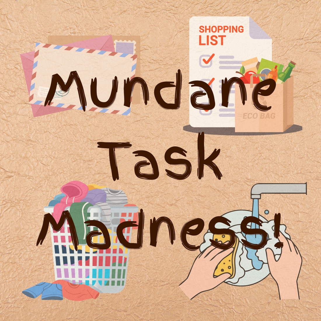 Illustrations of mail, groceries, laundry, and dishwashing arranged around the text “Mundane Task Madness!” on a beige background.