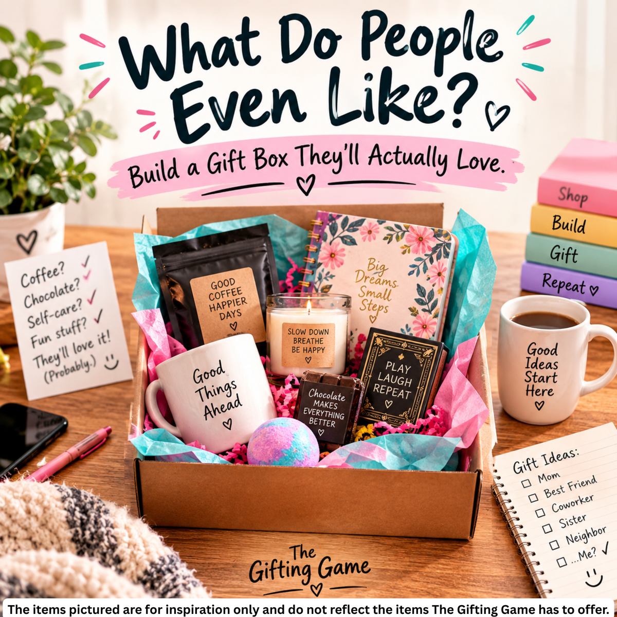 A curated gift box filled with uplifting items like a mug, candle, coffee packet, notebook, chocolate bar, bath bomb, and motivational cards, arranged with additional gift‑themed items around it.