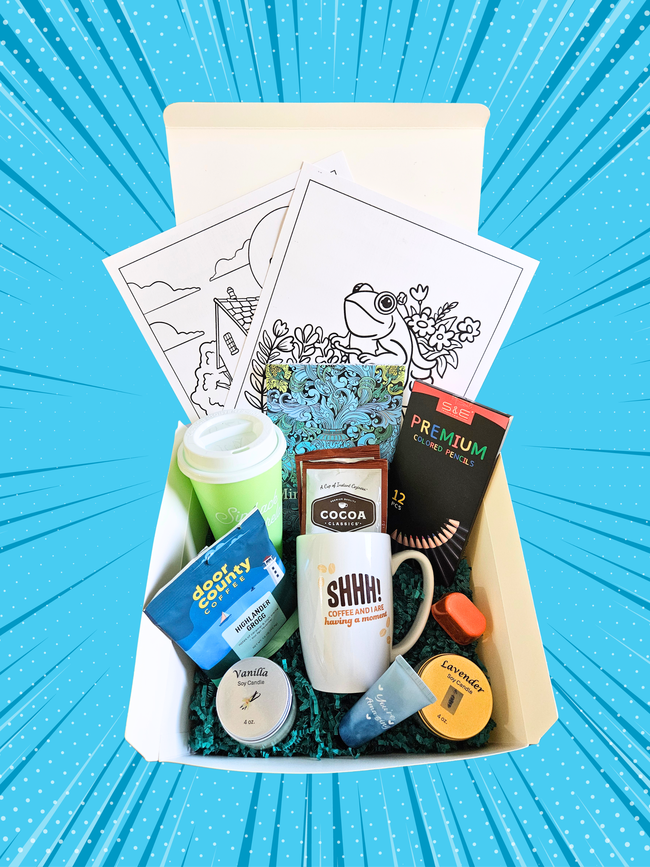 Curated gift in white box with blue burst background