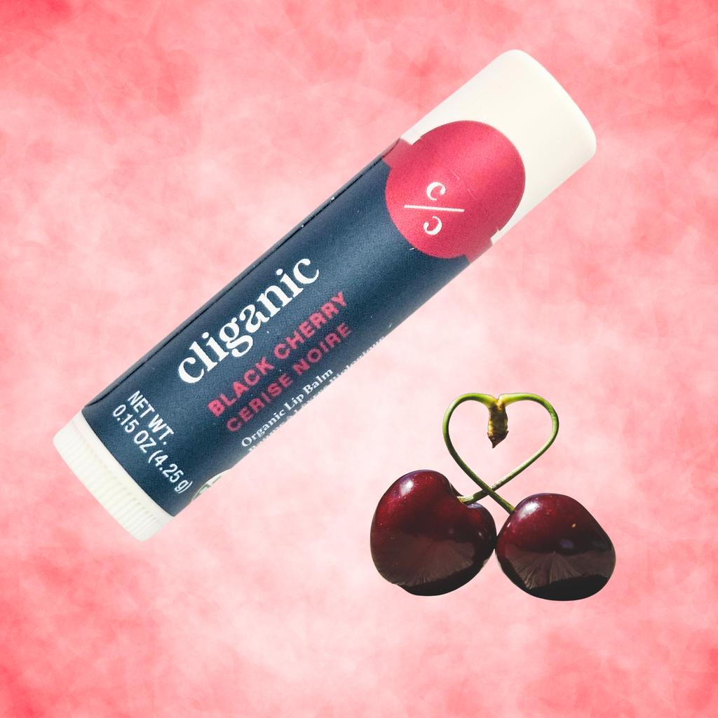 Cliganic Black Cherry organic lip balm tube on a soft pink background with two dark cherries forming a heart shape beneath it.