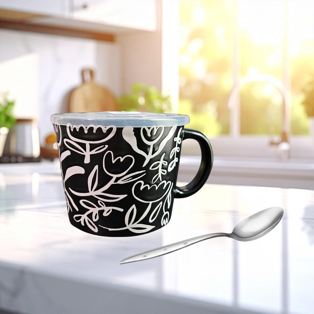 A ceramic soup mug with a modern floral design and a silicone‑sealed plastic lid featuring an adjustable dial and venting hole, available in black with white flowers or white with black flowers.