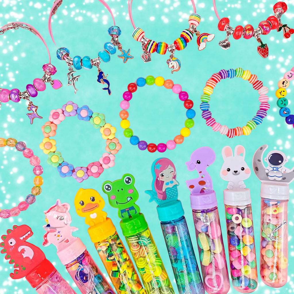 kids bracelet making kit in character wand tube with beads, charms, and cord for curated gift boxes