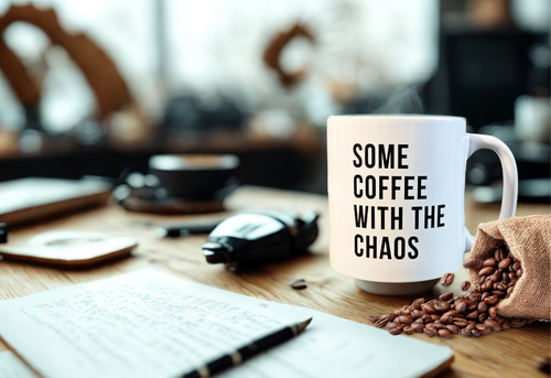 White ceramic mug with Some Coffee With the Chaos text for curated gift boxes