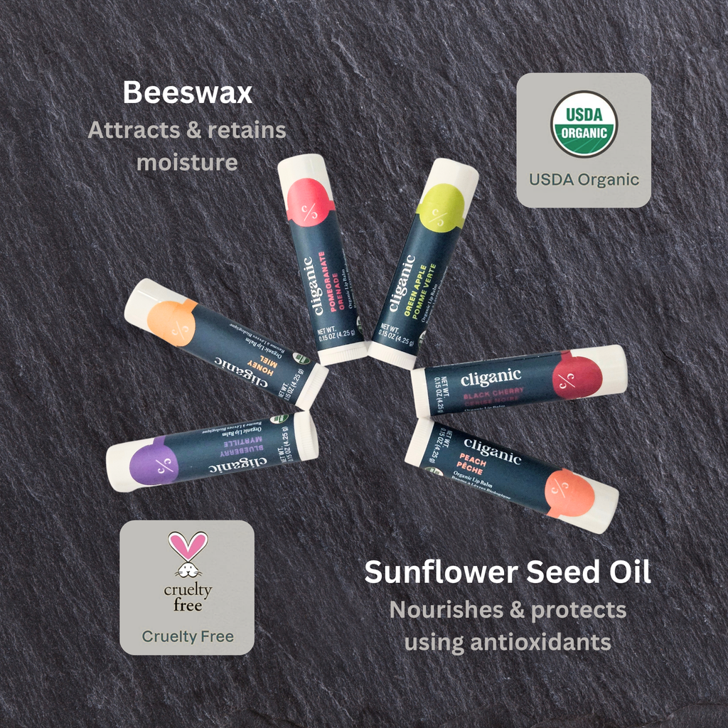 Six Cliganic organic lip balm tubes arranged in a circular layout on a dark textured background, with each flavor labeled in different colors and ingredient callouts highlighting beeswax, sunflower seed oil, USDA organic certification, and cruelty‑free qualities.