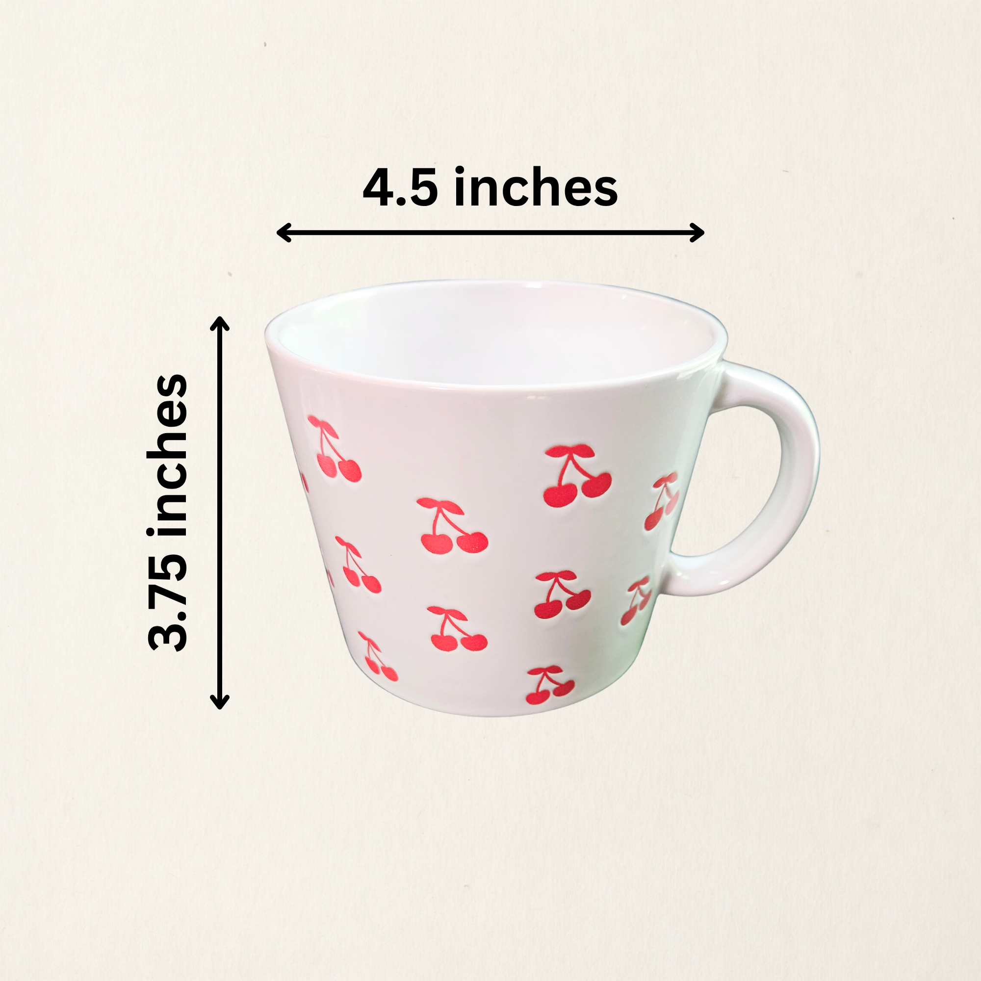 A ceramic soup mug with red cherry designs and a silicone‑sealed plastic lid featuring an adjustable dial and venting hole with measurements, available in pink or white.