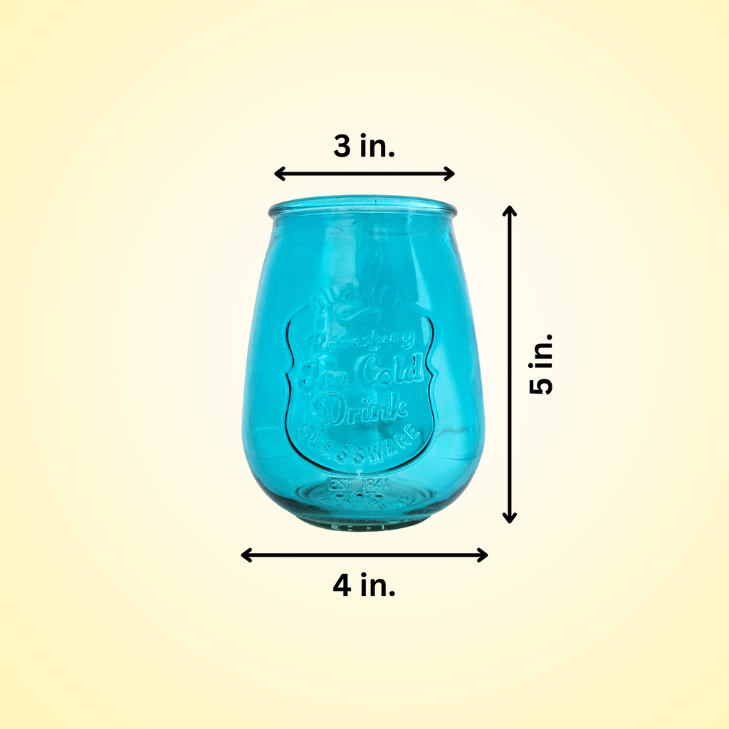 A blue translucent stemless wine glass centered on a pale yellow background, with black dimension arrows and labels showing 3 in. width at the top, 4 in.