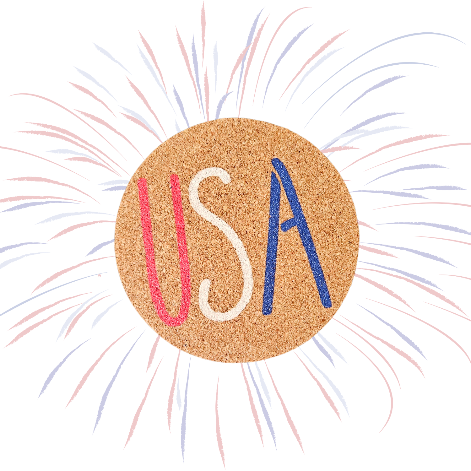 A round cork coaster featuring the letters 'USA' in red, white, and blue, surrounded by a burst of red, white, and blue on a white background.