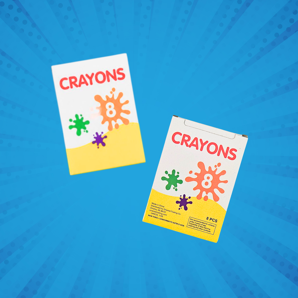 Front and back view of 8-count crayons pack on a blue background
