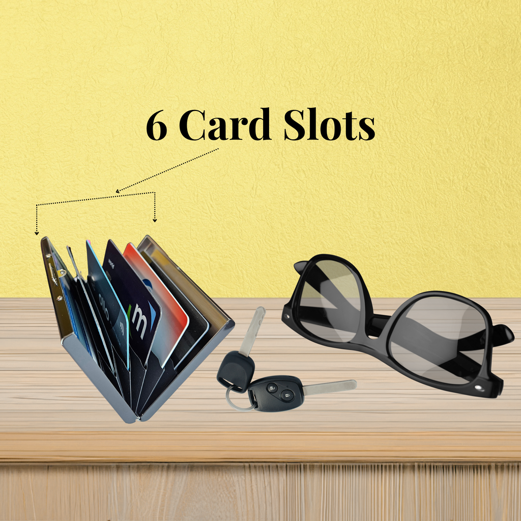 Black stainless steel RFID credit card holder with six card slots.