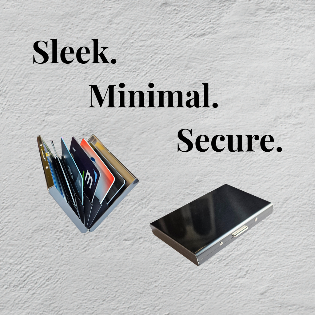 Metallic credit card holder with cards on a textured gray background, featuring the words 'Sleek', 'Minimal', 'Secure'.