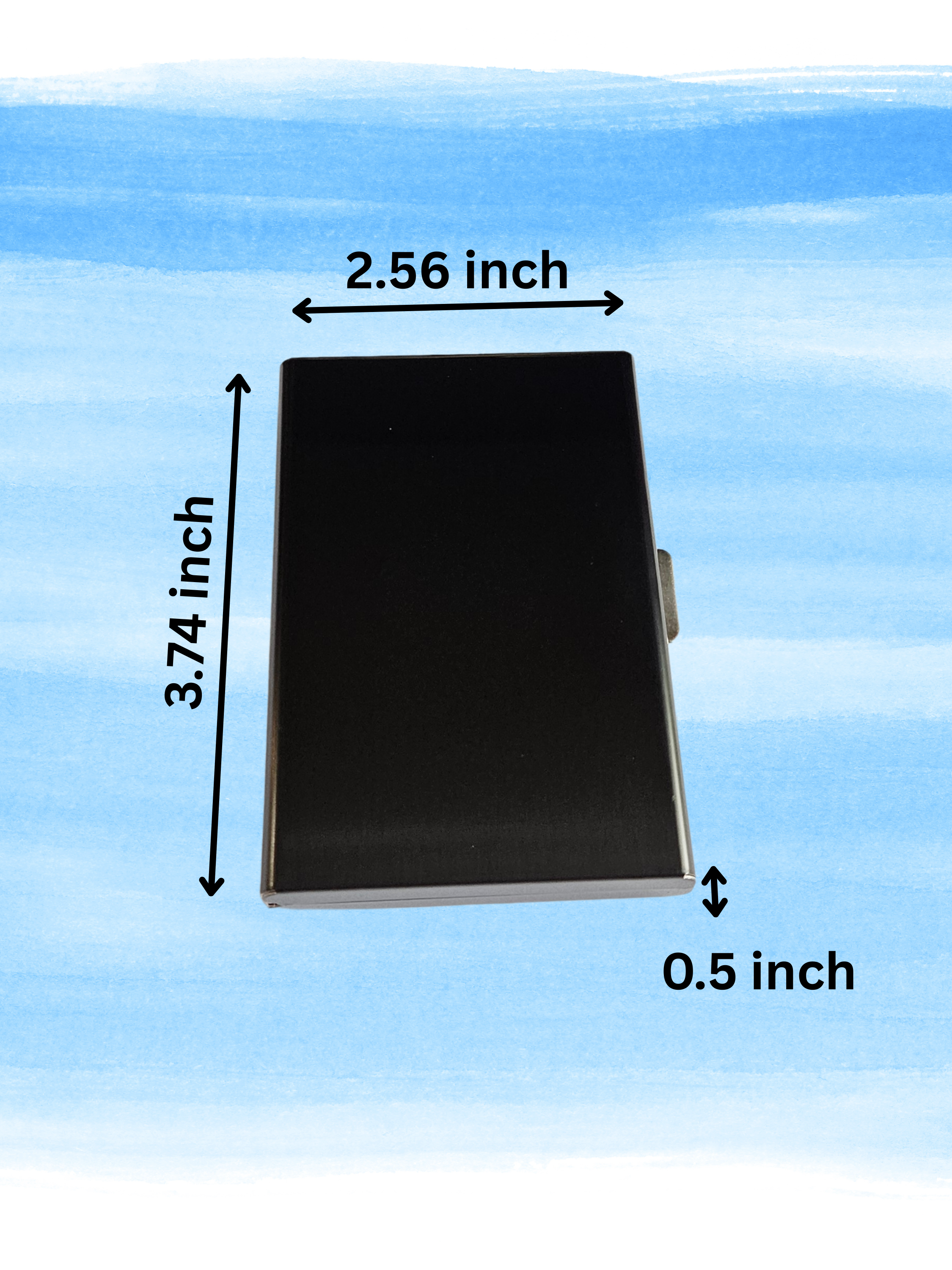 Black stainless steel RFID credit card holder with dimensions.