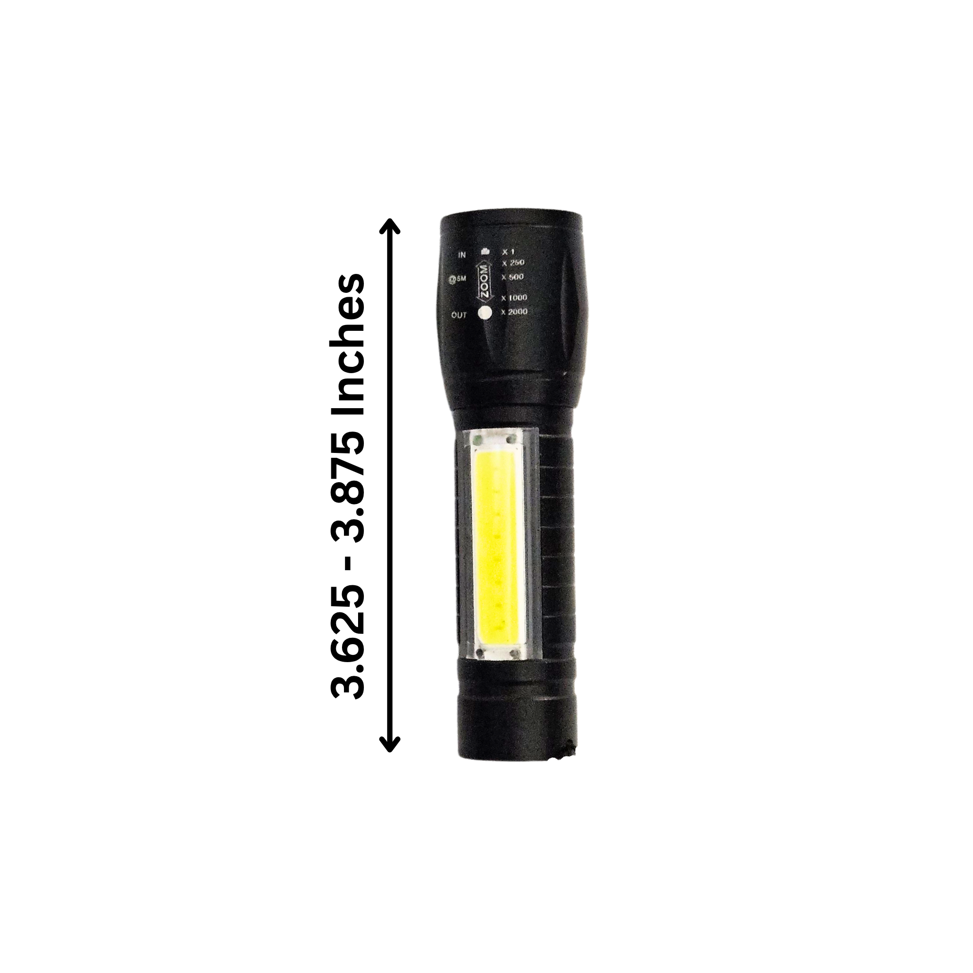 Black flashlight with measurement details on a white background