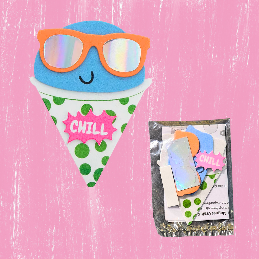 Snow cone-shaped foam craft with sunglasses and 'CHILL' text on a pink background