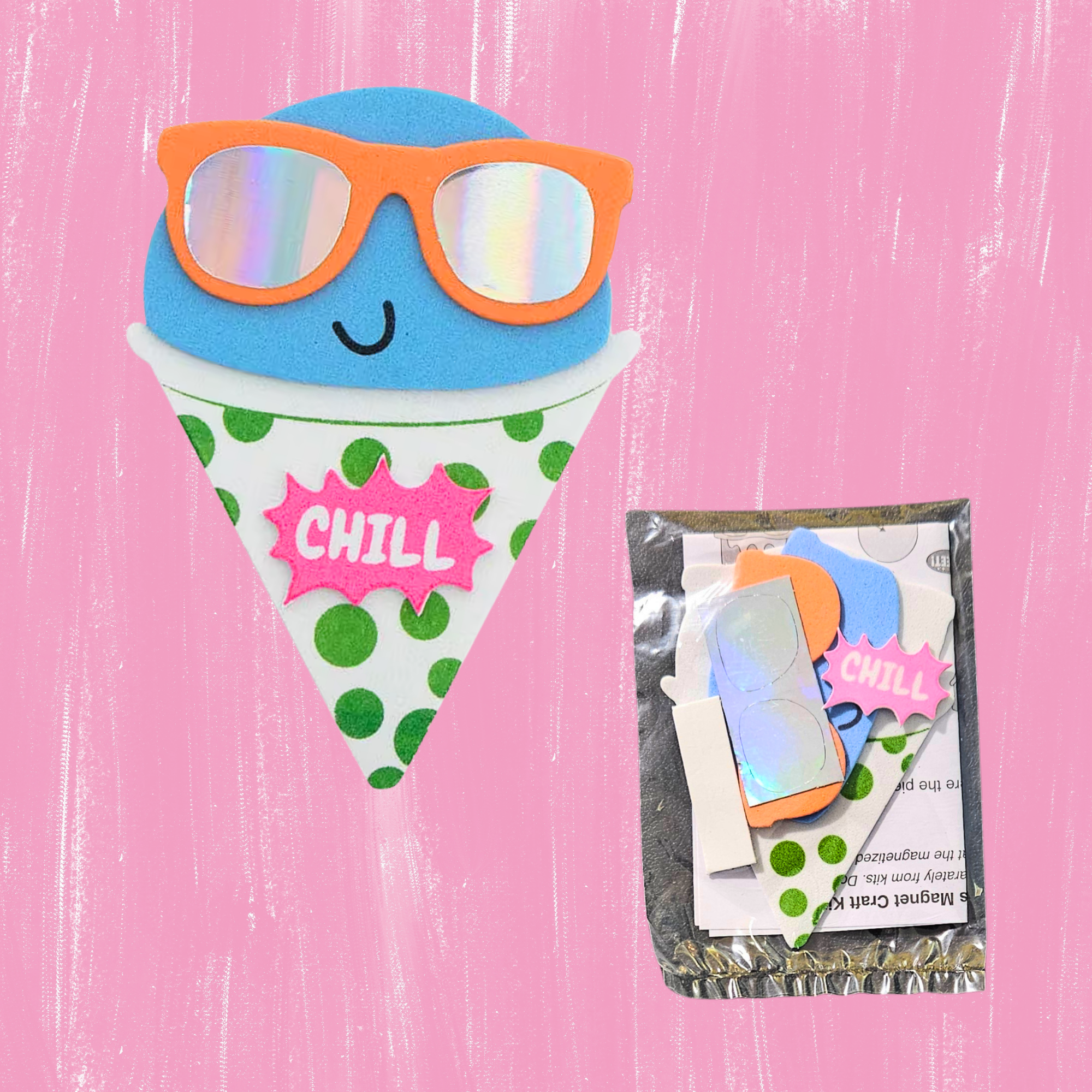 Snow cone-shaped foam craft with sunglasses and 'CHILL' text on a pink background