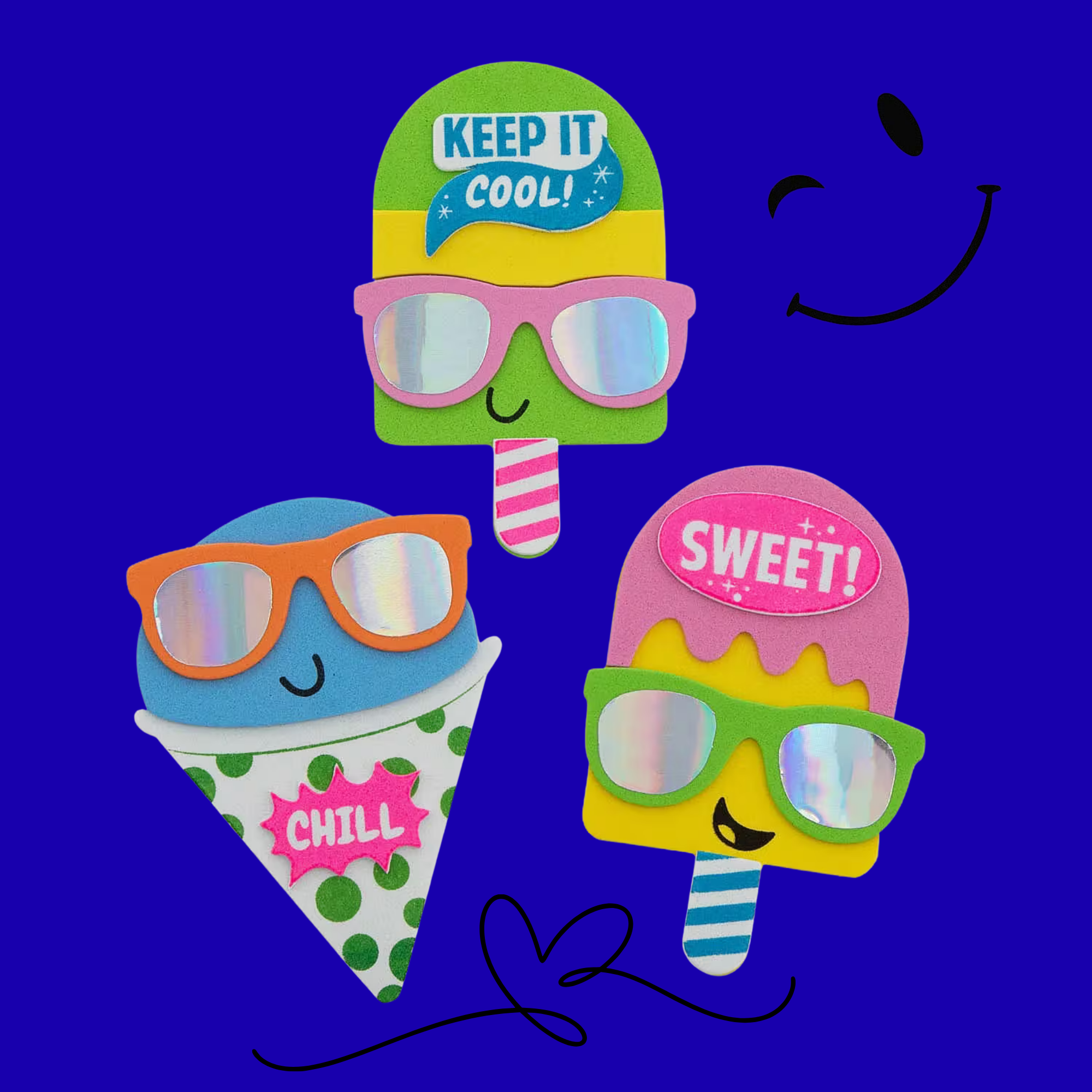 Colorful snow cone and popsicle foam crafts with sunglasses on a blue background