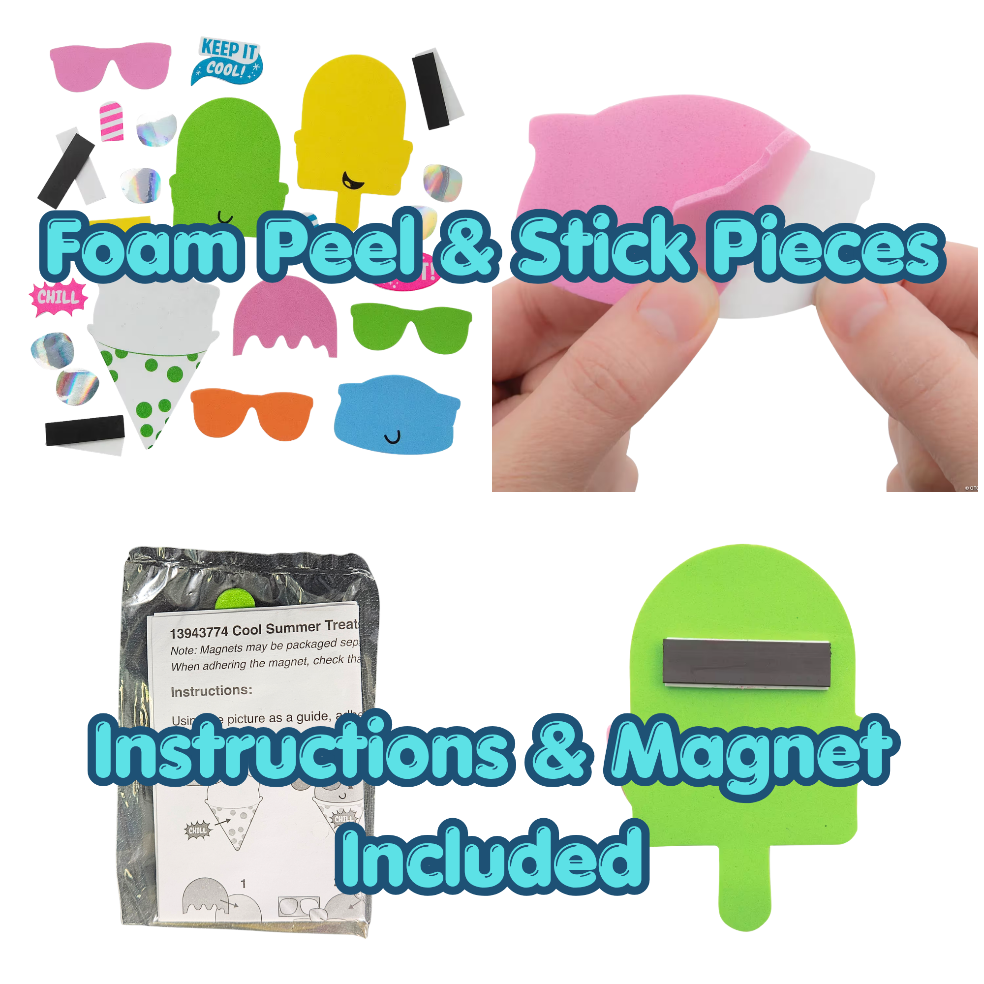 Collage of foam peel and stick pieces with packaging and a magnet, featuring text about included items.