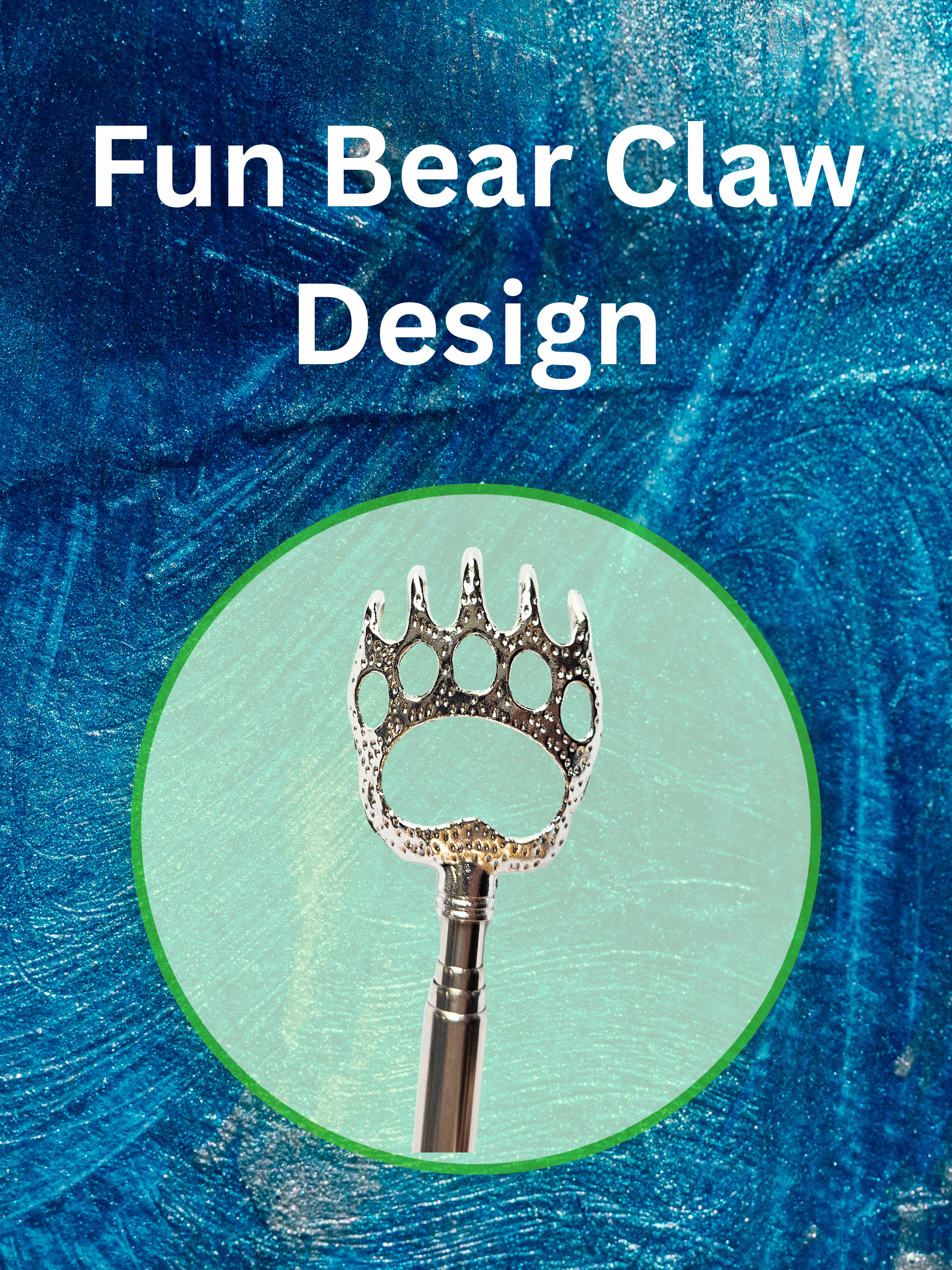 Silver extendable bear claw back scratcher up close of the bear claw with the words Fun Bear Claw Design.