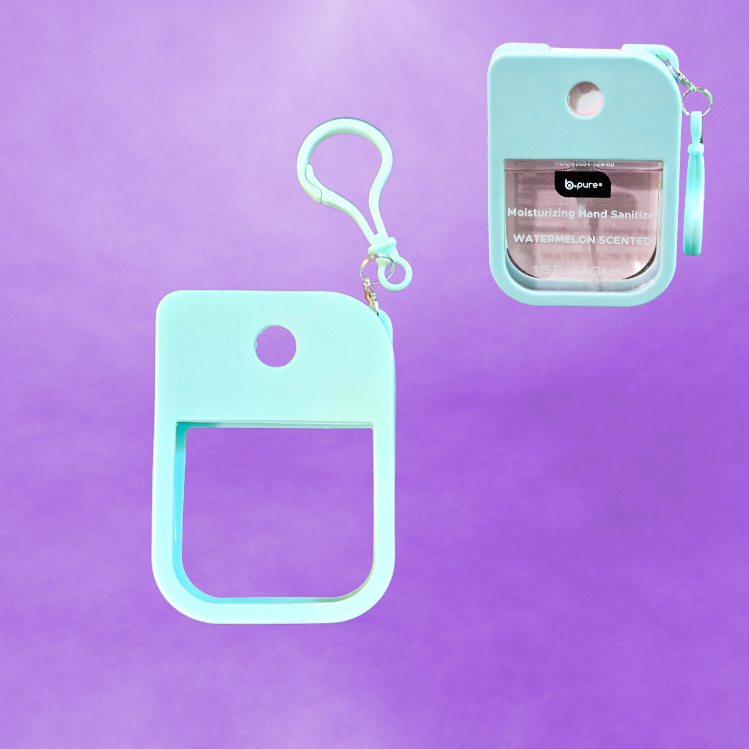 Light blue hand sanitizer holder with clip on a purple background