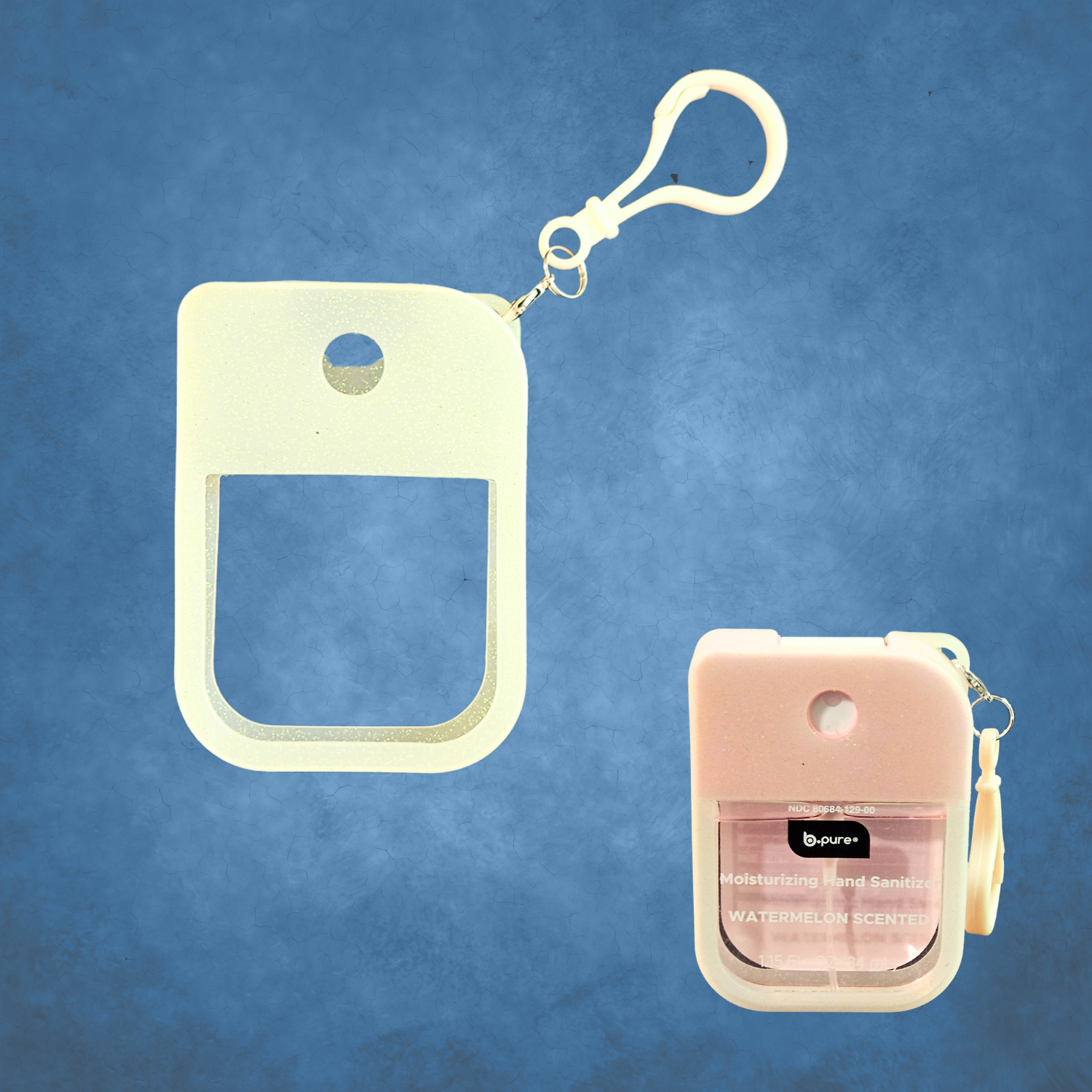 Translucent with yellow sparkles hand sanitizer holder with clip on a blue background                