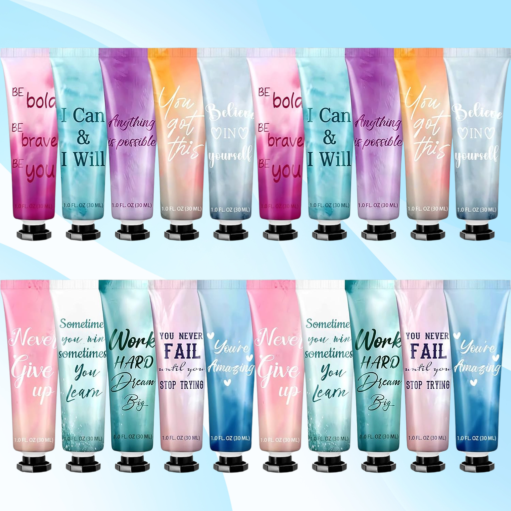 1 fl. oz. travel‑size hand cream with inspirational saying on the tube for curated gift boxes