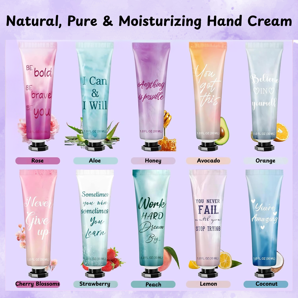 1 fl. oz. travel‑size hand cream with inspirational saying on the tube for curated gift boxes