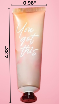 1 fl. oz. travel‑size hand cream with inspirational saying on the tube for curated gift boxes