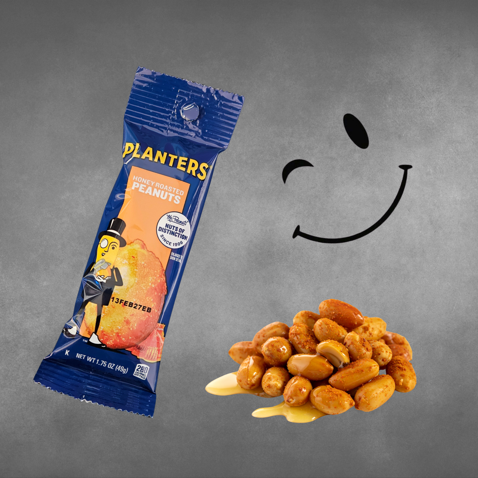 A package of Planters Honey Roasted Peanuts snack is shown on a textured gray background next to a pile of peanuts and a simple black smiley face graphic.