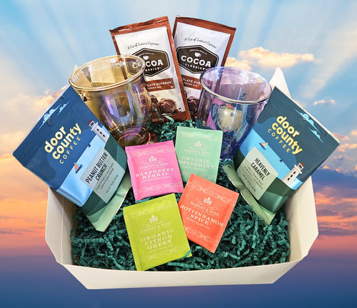 gift box with lavender and amber iridescent mugs, coffee, tea, and cocoa