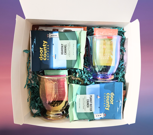 gift box with lavender and amber iridescent mugs, coffee, tea, and cocoa