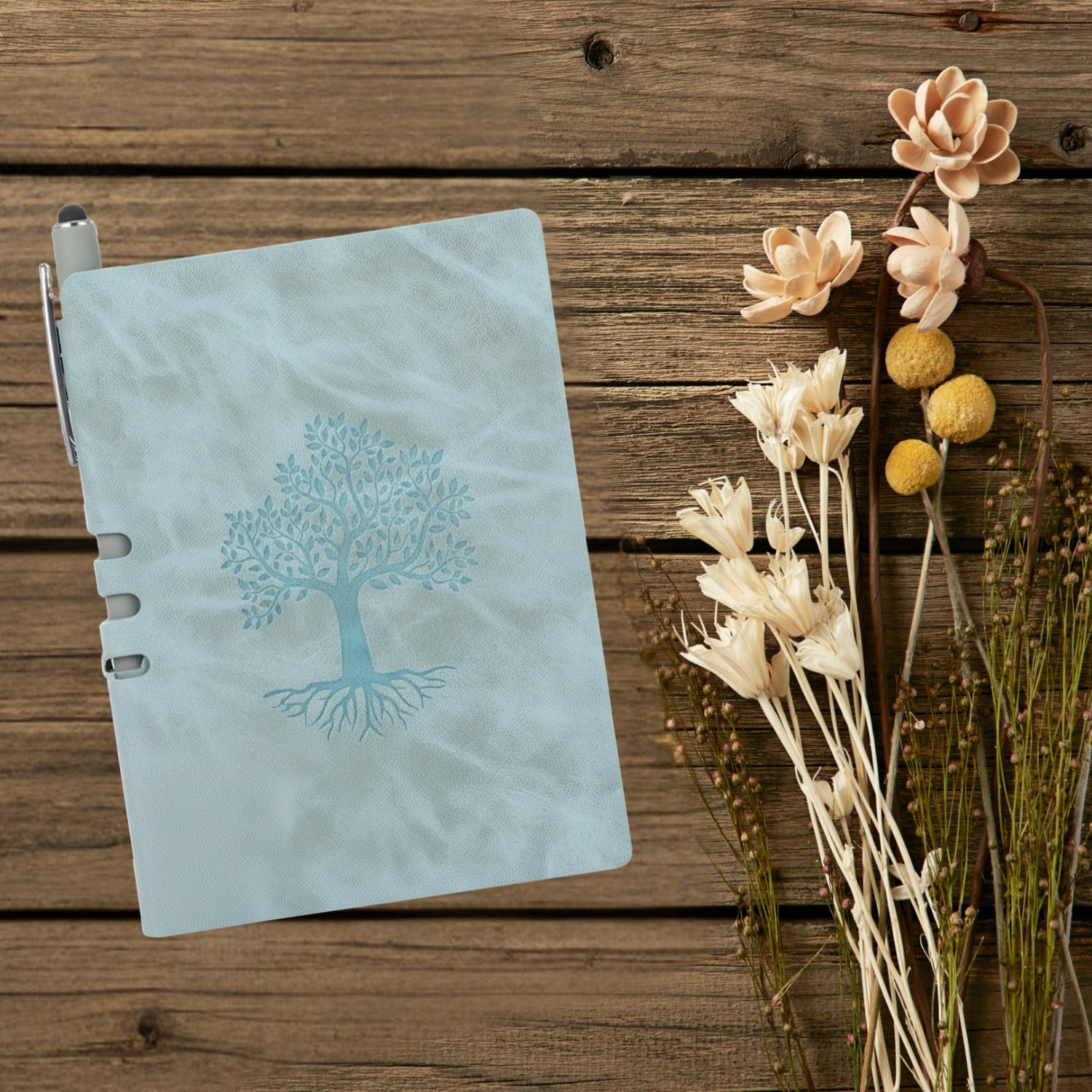 A6 Tree of Life journal with faux leather cover and matching stylus pen for curated gift boxes