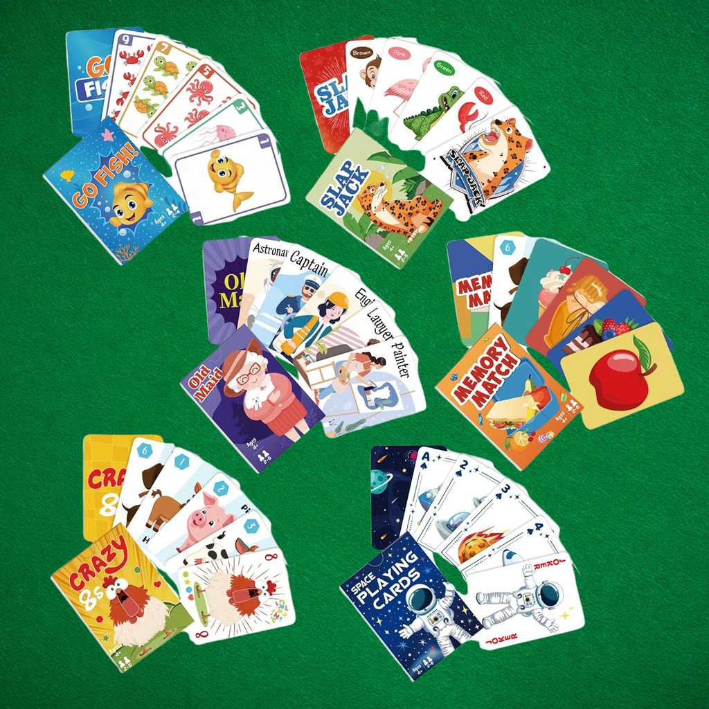 kids card games with bright illustrations and sturdy plastic‑coated cards available in six classic styles for curated gift boxes