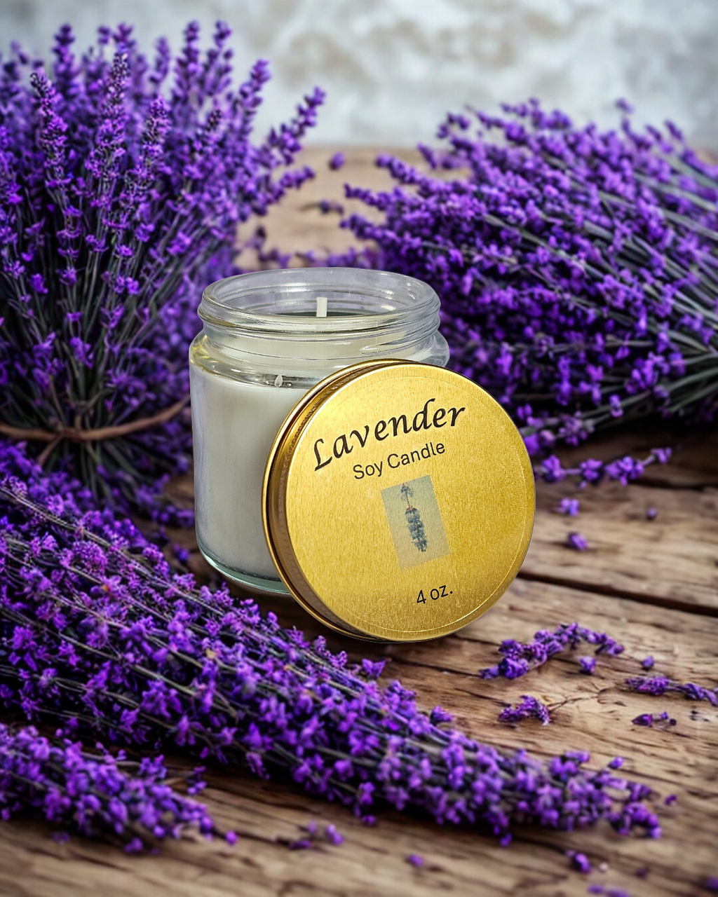 small glass‑jar scented soy candle with clean‑burning wax and simple label for curated gift boxes