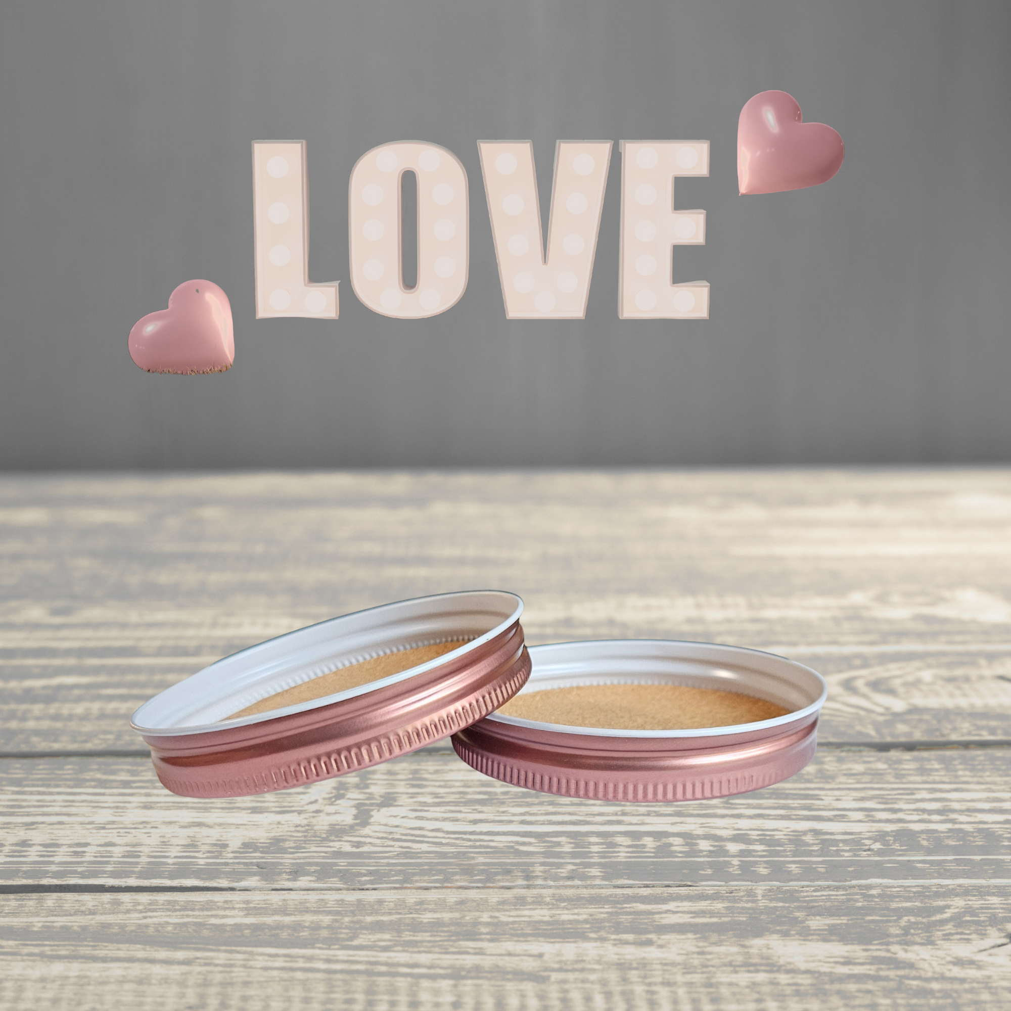 Rose gold mason jar lid coasters with white interior and cork insert, set of two.