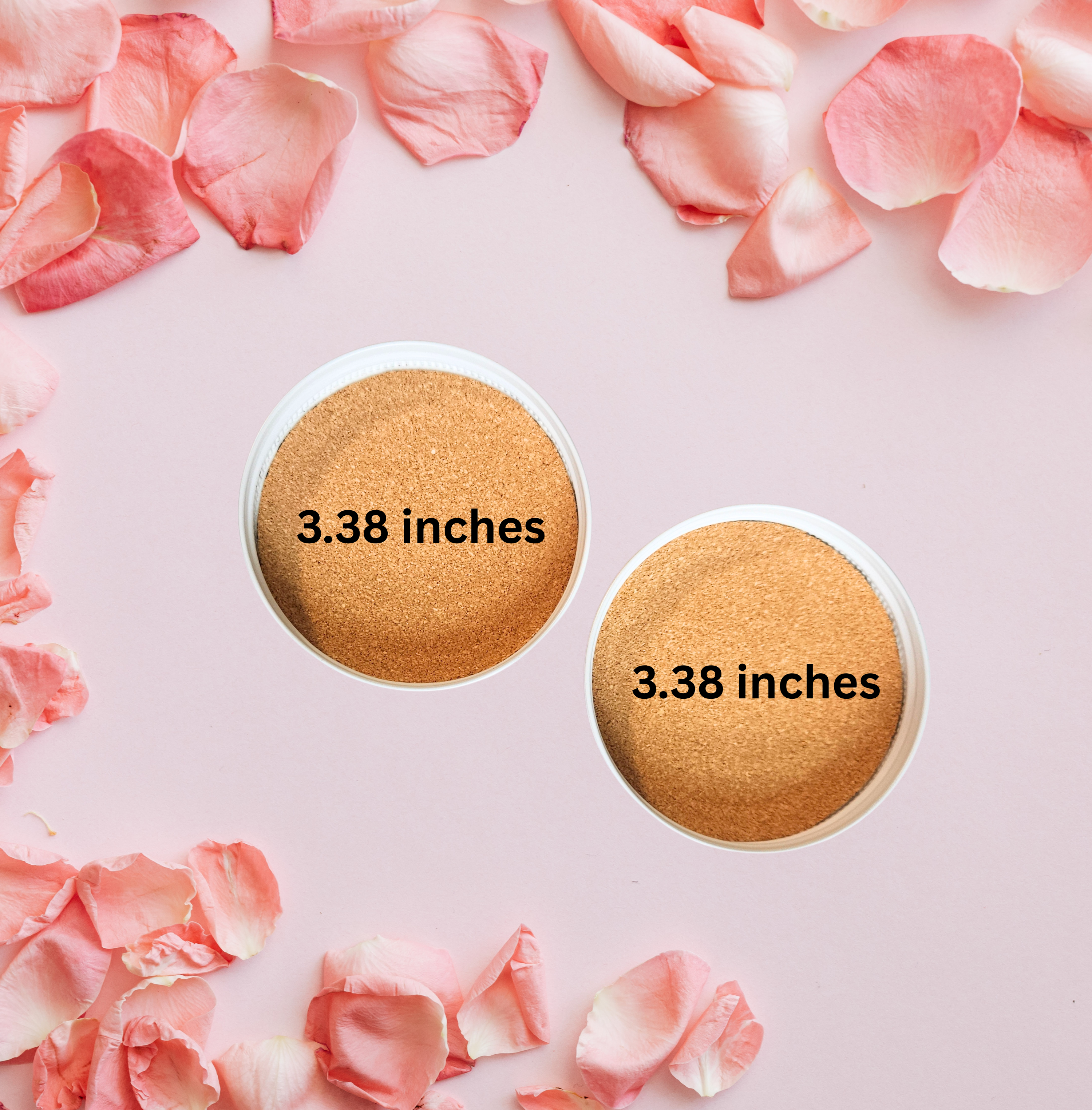 Rose gold mason jar lid coasters with white interior and cork insert, set of two - with measurement 3.38 inches