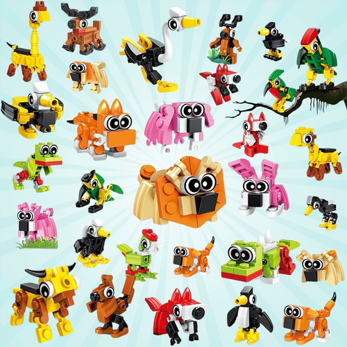 3‑in‑1 mini animal building block set that builds three animals from the same pieces for curated gift boxes