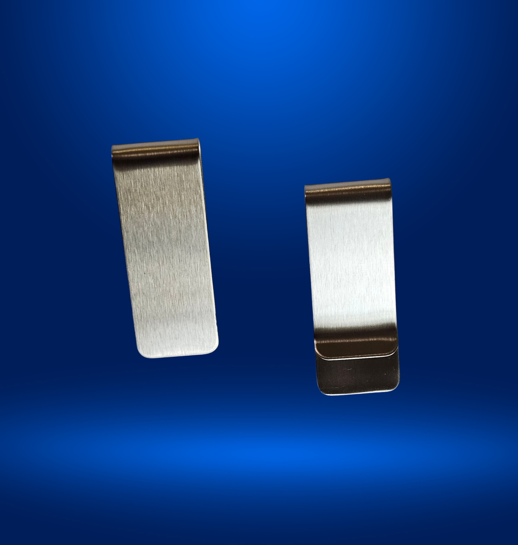 stainless steel money clip with smooth edges in black or silver for curated gift boxes