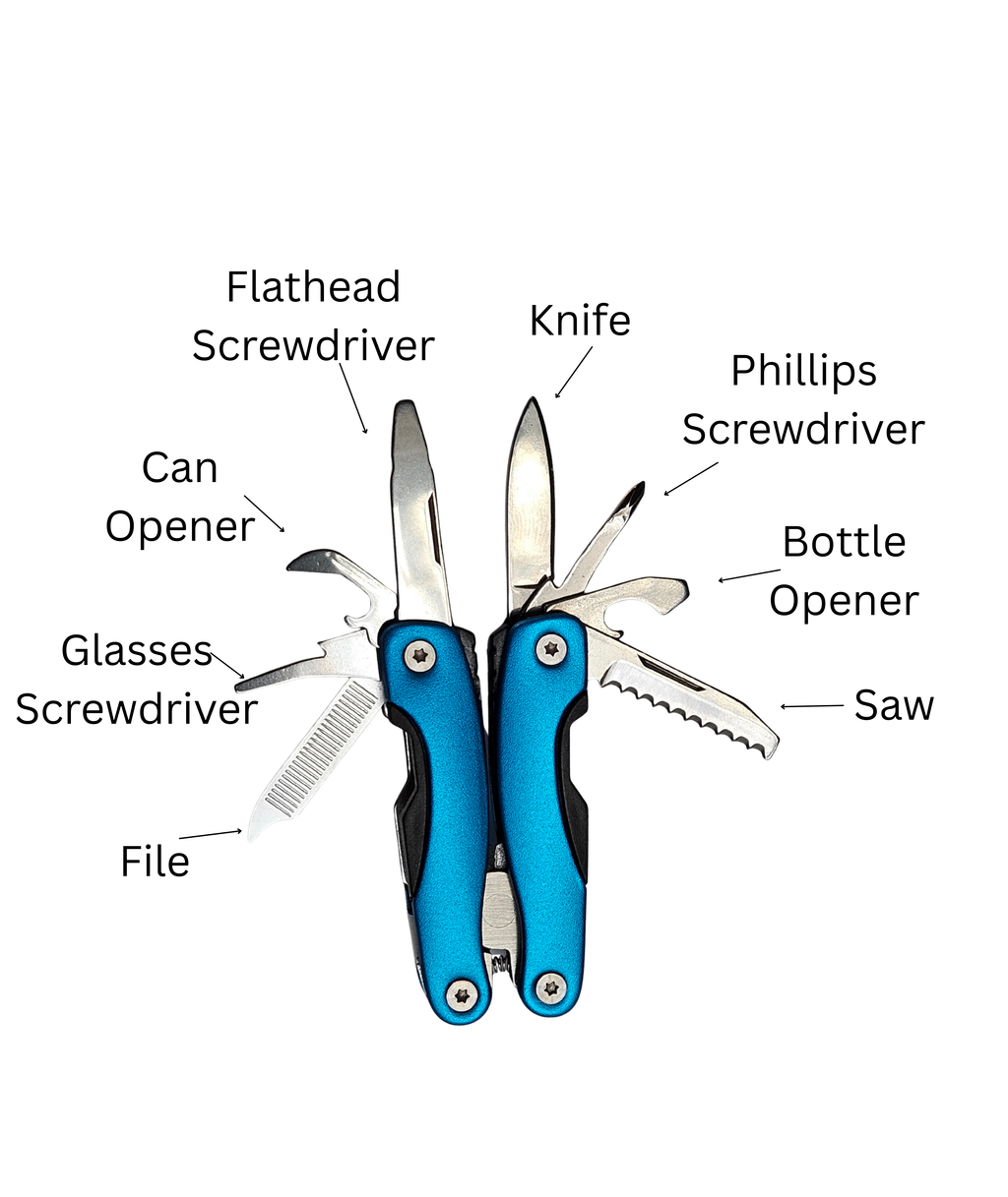 compact stainless steel mini multi‑tool with lightweight aluminum handle, 2.68 × 1.38 inches, for curated gift boxes