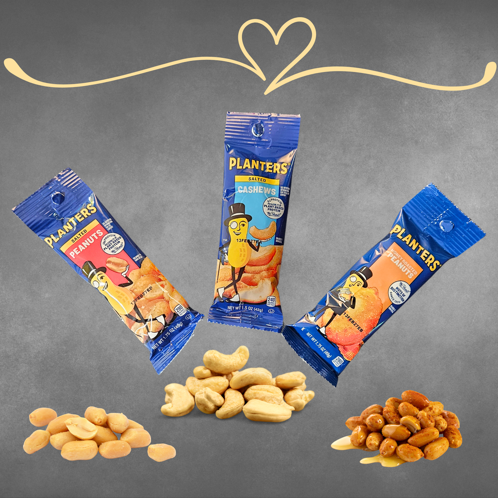 Three packs of Planters nuts are arranged on a dark gray background with peanuts and cashews placed below each pack. A gold heart illustration appears at the top.