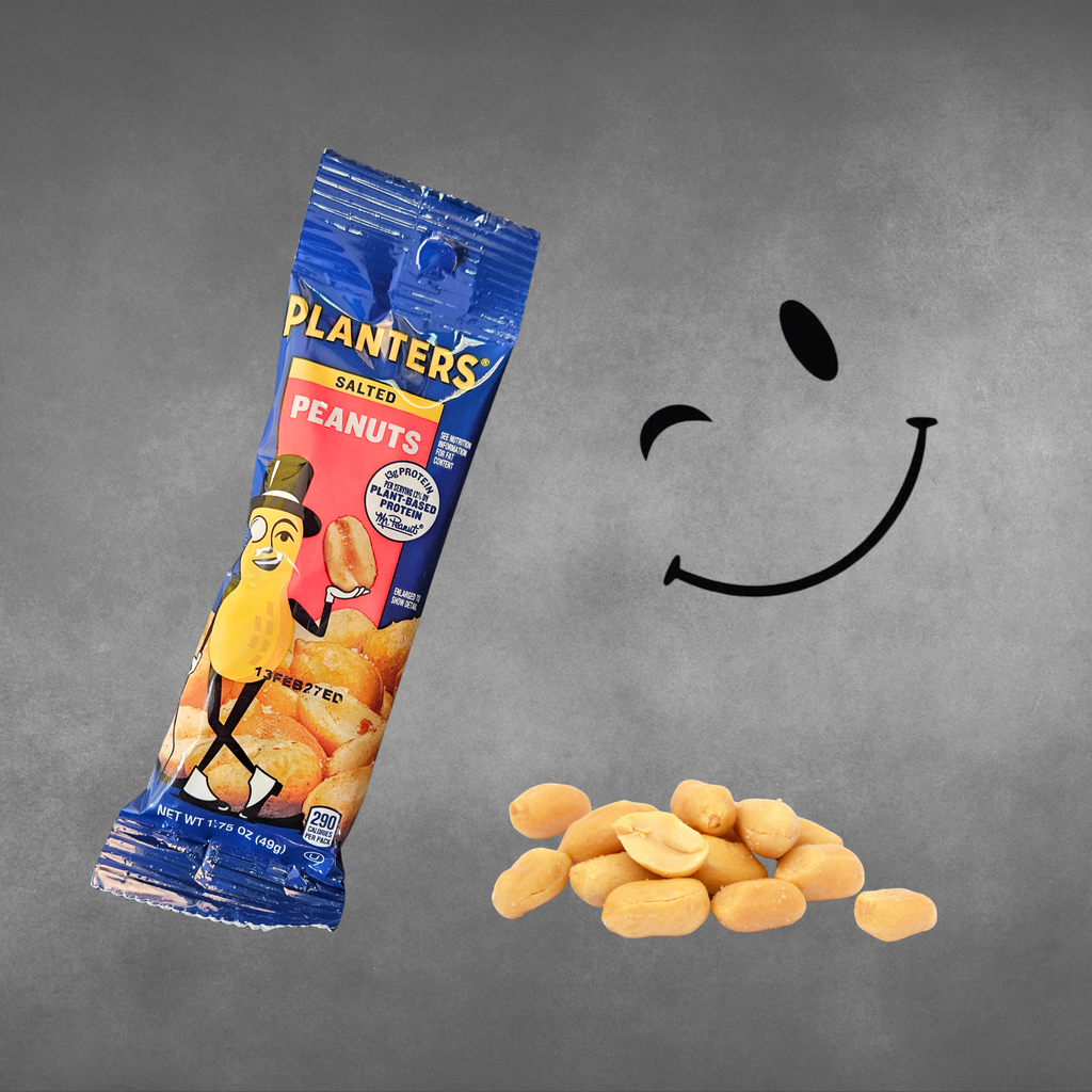 A package of Planters Salted Peanuts snack is shown on a textured gray background next to a pile of peanuts and a simple black smiley face graphic.
