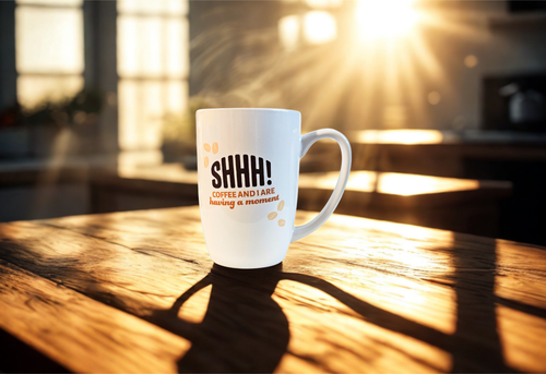 White ceramic mug with Shhh! Coffee and I are having a moment text for curated gift boxes