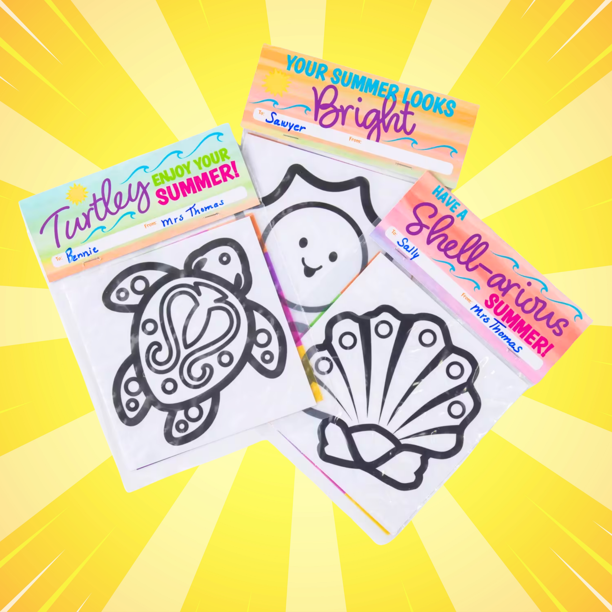 Colorful summer-themed sheets with turtle, shell, and sun design on a yellow background.