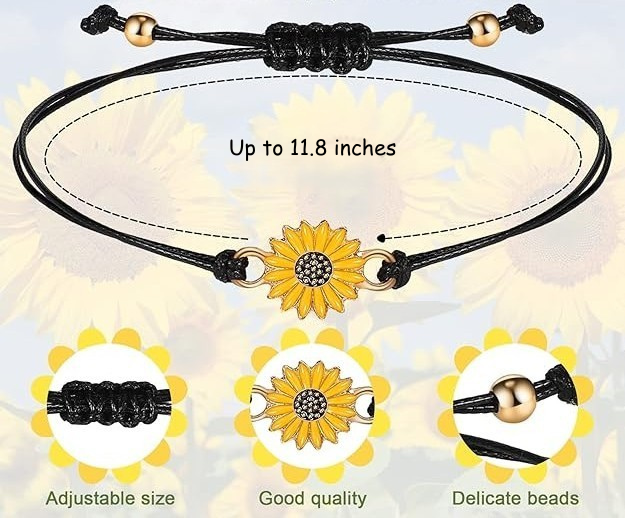 adjustable black wax rope bracelet with sunflower charm and inspirational saying for curated gift boxes