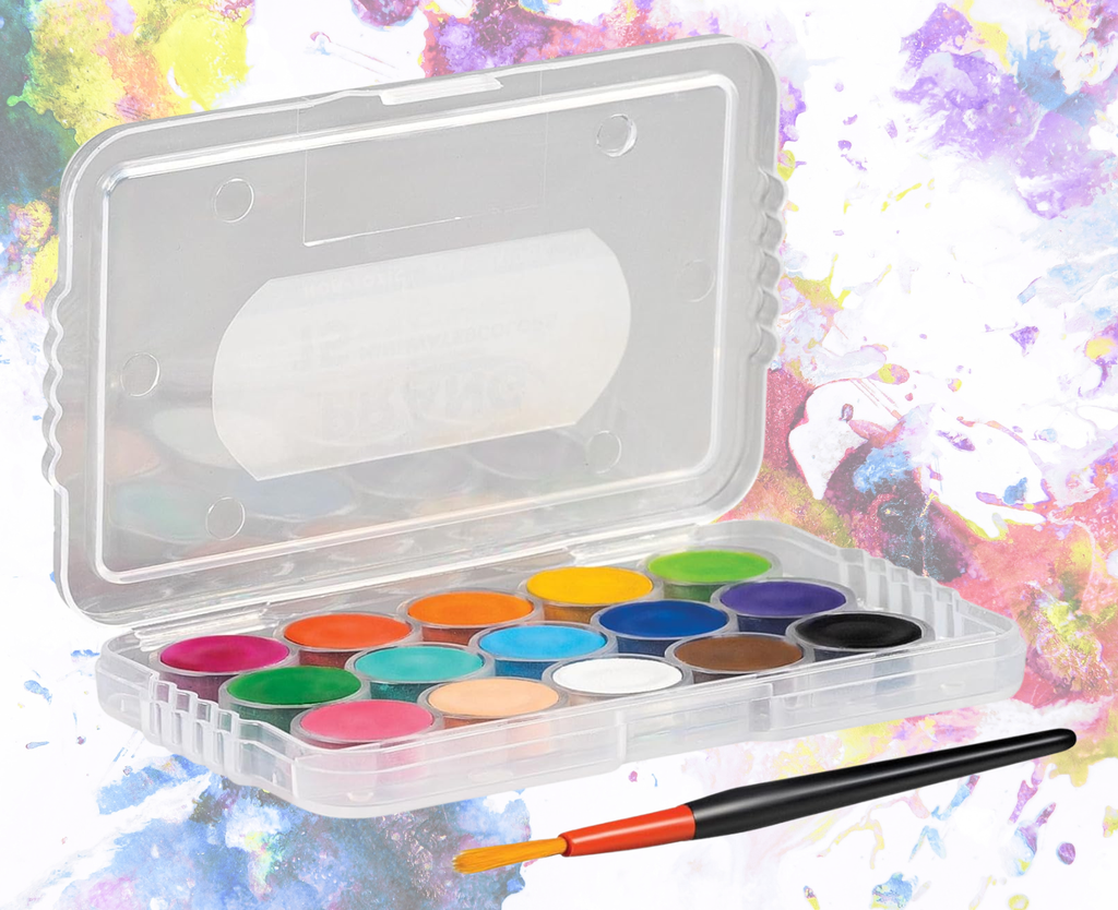 mini watercolor set with 15 bright colors in a compact case and small brush for curated gift boxes