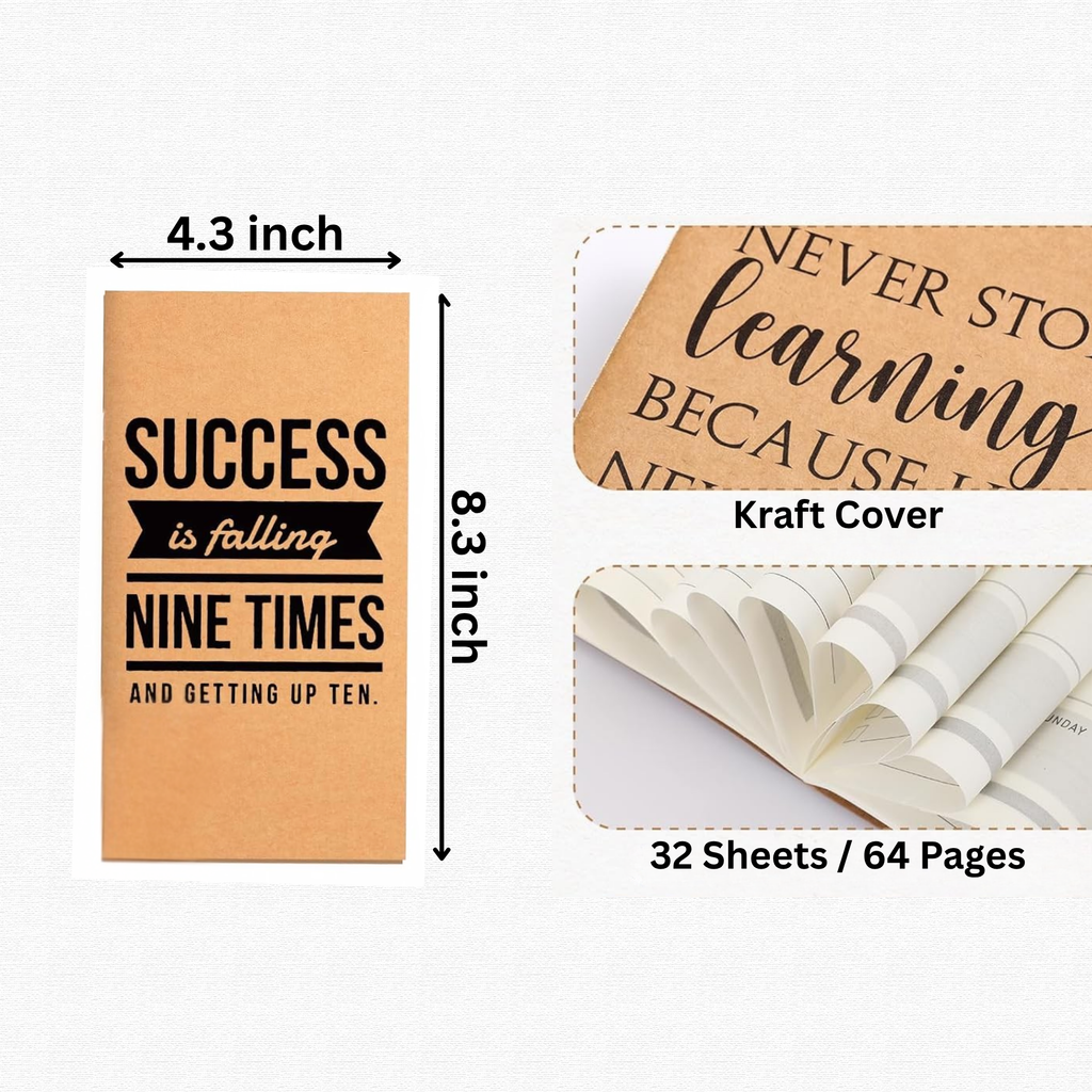 Planner with motivational quote, dimensions, and paper details on a white background
