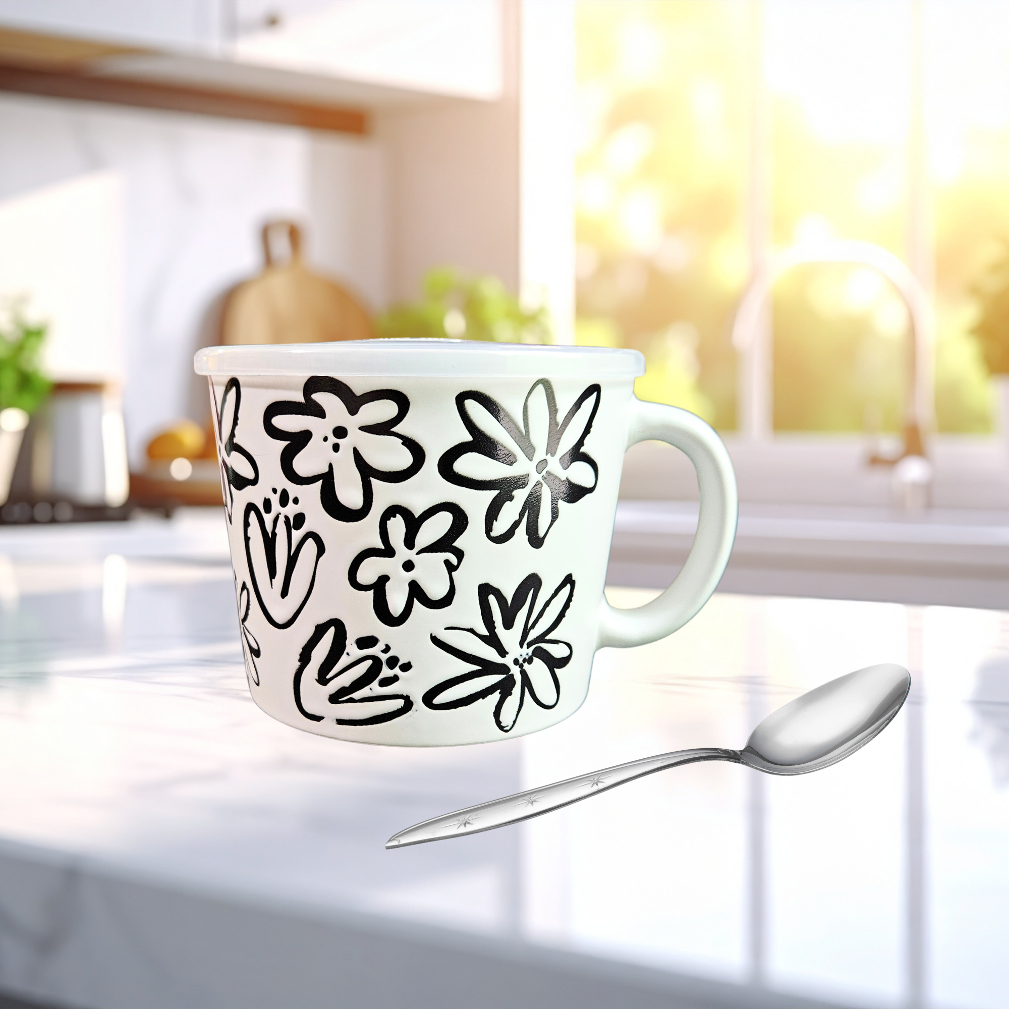 A ceramic soup mug with a modern floral design and a silicone‑sealed plastic lid featuring an adjustable dial and venting hole, available in black with white flowers or white with black flowers.